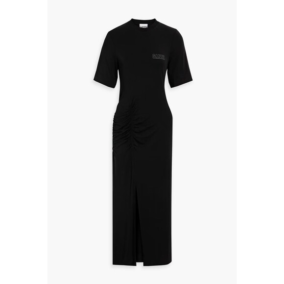 Ganni Dresses & Skirts - GANNI Womens XS Black Slit Ruched Printed Stretch Jersey Short Sleeve Midi Dress